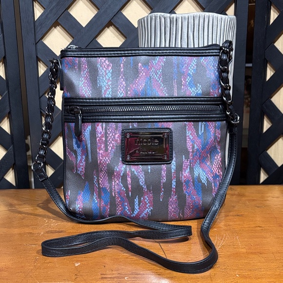 Nicole by Nicole Miller Abstract Snakeskin Print Crossbody Bag Black Blue Purple - Picture 1 of 16